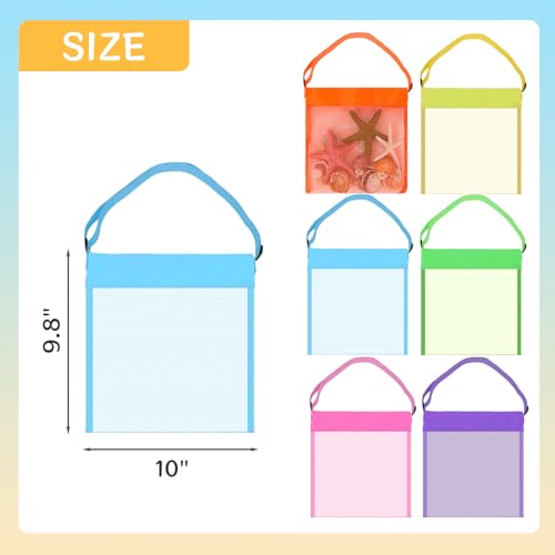 FUTUREPLUSX 6PCS Mesh Beach Bags for Kids Colorful Small Seashell Collecting Bags Adjustable Strap for Holding Shell Sand Toy - Image 5