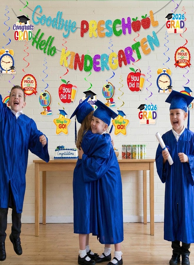 Biswiter Preschool Graduation Decorations, Glitter 17Pcs Pre k Graduation Decorations Goodbye Preschool Hello Kindergarten Banner Hanging Swirls, Pre k Banner for Children Graduate - Image 2