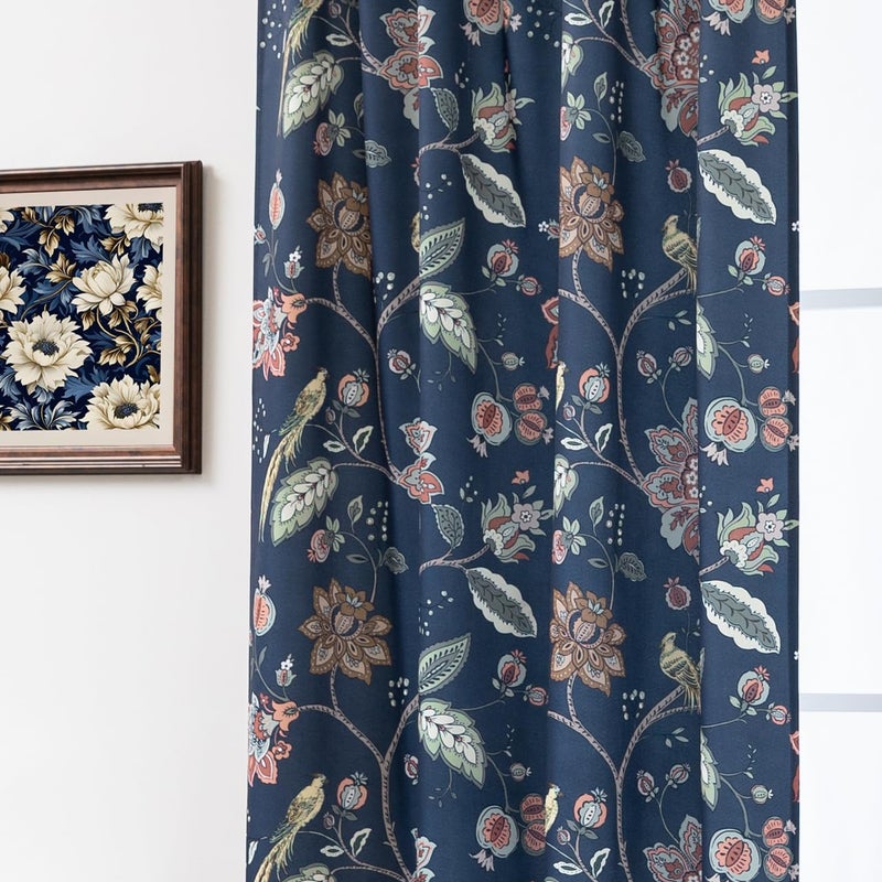 Lino Rosa 90 Inch Navy Blue Floral Patterned Blackout Curtains, Print Back Tab Curtains for Living Room Bedroom, 2 Panel Set, 50x90 in Long - Image 1