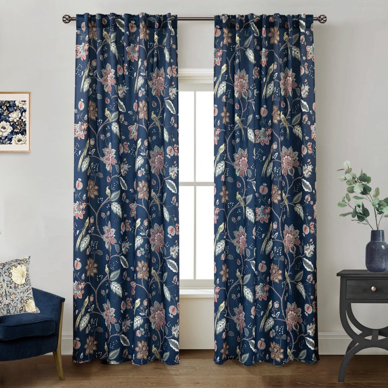 Lino Rosa 90 Inch Navy Blue Floral Patterned Blackout Curtains, Print Back Tab Curtains for Living Room Bedroom, 2 Panel Set, 50x90 in Long - Image 2