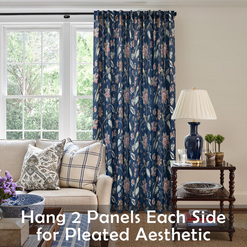 Lino Rosa 90 Inch Navy Blue Floral Patterned Blackout Curtains, Print Back Tab Curtains for Living Room Bedroom, 2 Panel Set, 50x90 in Long - Image 3