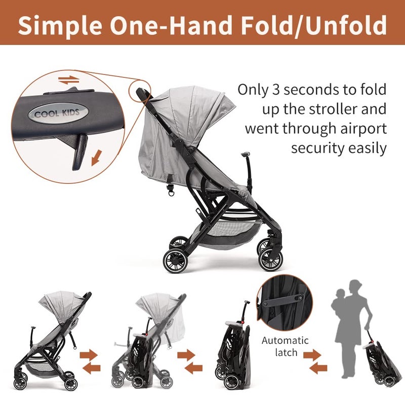 COOL KIDS Baby Stroller, 2 in 1 Lightweight UmbrellaTravel Stroller with Automatic Fold, Compact with Basket for Airplane Walking(Gray) - Image 3