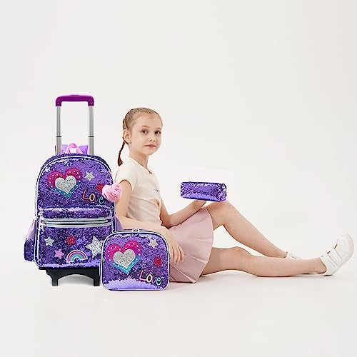 Meetbelify Kids Rolling Backpack for Girls Backpacks with Wheels for Elementary Students Roller Backpack on Wheels with Lunch Box Pencil Case Full Size for Girls - Image 4