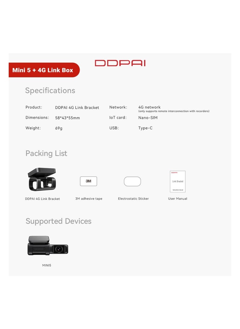 ddpai - DDPAI MINI5 4K Front Dash Cam Car Camera with 4G SIM Card and Tracking Function with 64GB Built-in Memory - Image 1