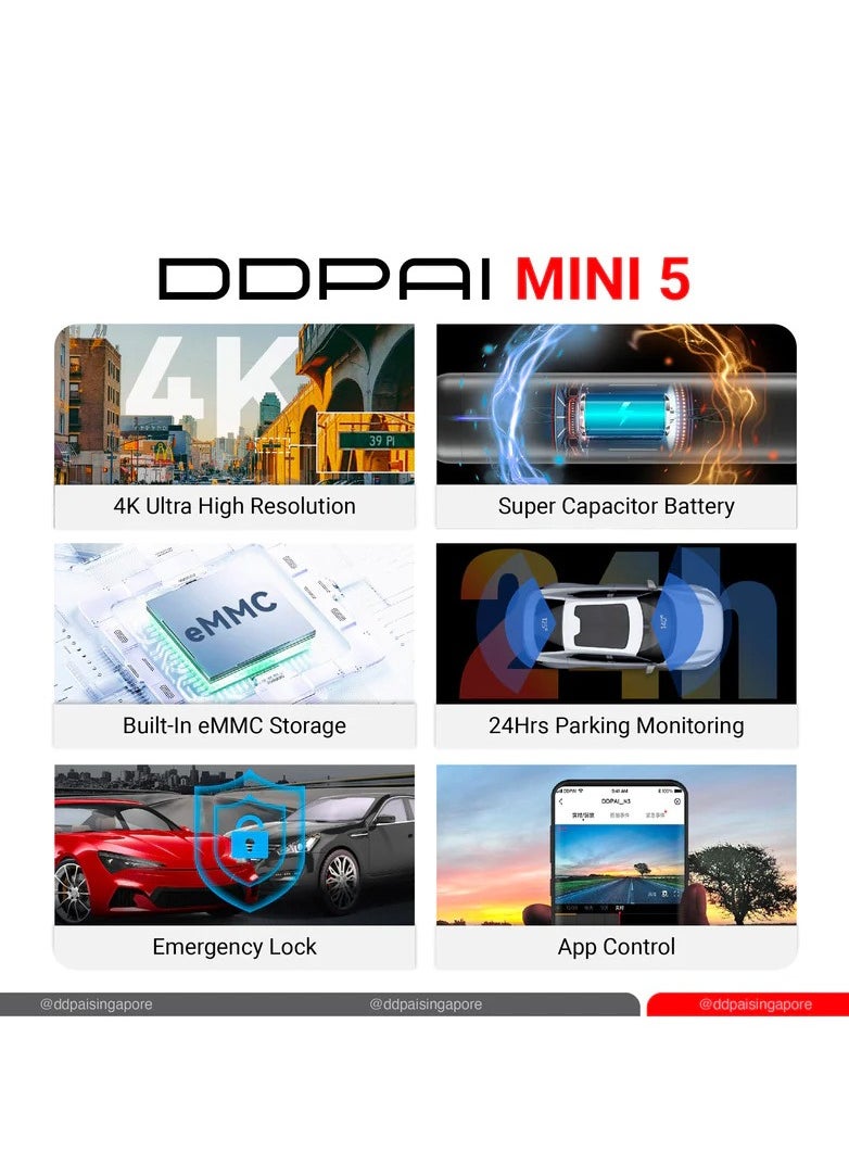 ddpai - DDPAI MINI5 4K Front Dash Cam Car Camera with 4G SIM Card and Tracking Function with 64GB Built-in Memory - Image 1