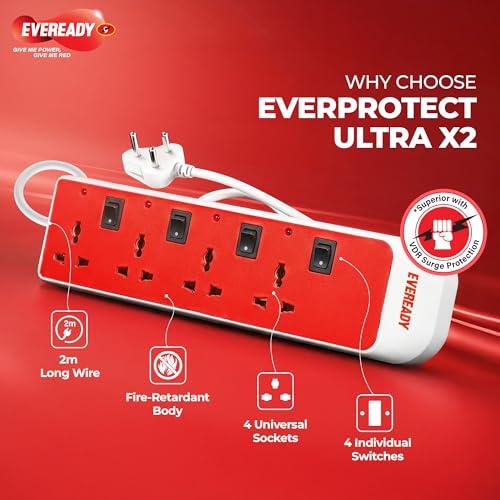 Eveready Everprotect Ultra X4 Spike Guard, 4 Universal Sockets, 4 Individual Switches, Fire Retardant Body, 4m Long Wire, VDR Surge Protection, Multi-Country Plug Compatibility, Made in India - Image 2
