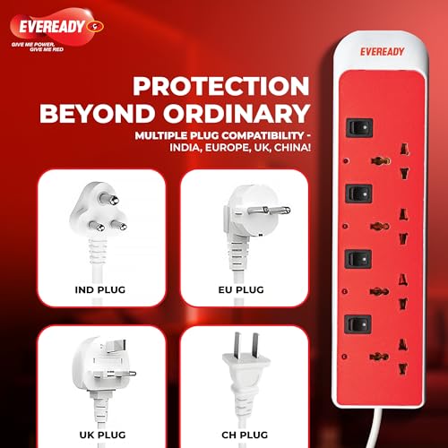 Eveready Everprotect Ultra X4 Spike Guard, 4 Universal Sockets, 4 Individual Switches, Fire Retardant Body, 4m Long Wire, VDR Surge Protection, Multi-Country Plug Compatibility, Made in India - Image 4