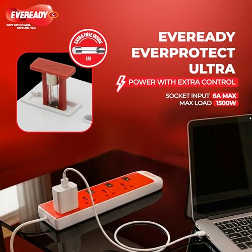 Eveready Everprotect Ultra X4 Spike Guard, 4 Universal Sockets, 4 Individual Switches, Fire Retardant Body, 4m Long Wire, VDR Surge Protection, Multi-Country Plug Compatibility, Made in India - Image 3