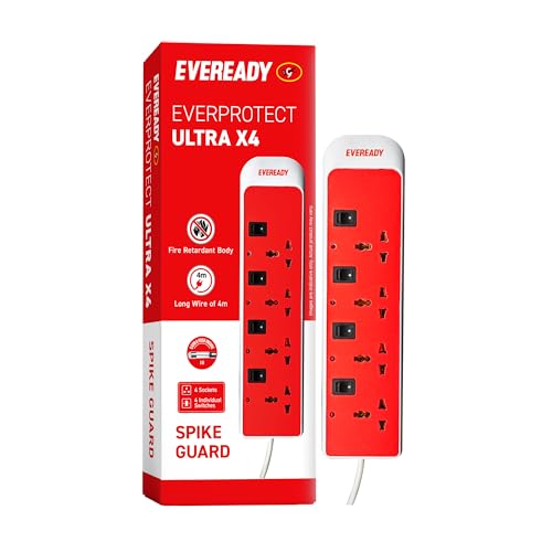 Eveready Everprotect Ultra X4 Spike Guard, 4 Universal Sockets, 4 Individual Switches, Fire Retardant Body, 4m Long Wire, VDR Surge Protection, Multi-Country Plug Compatibility, Made in India - Image 1