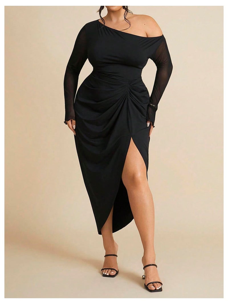 WDIRARA Women's Plus Size Off Shoulder Bodycon Dress Mesh Long Sleeve Ruched Split Midi Dresses Black 3X-Large Plus - Image 3