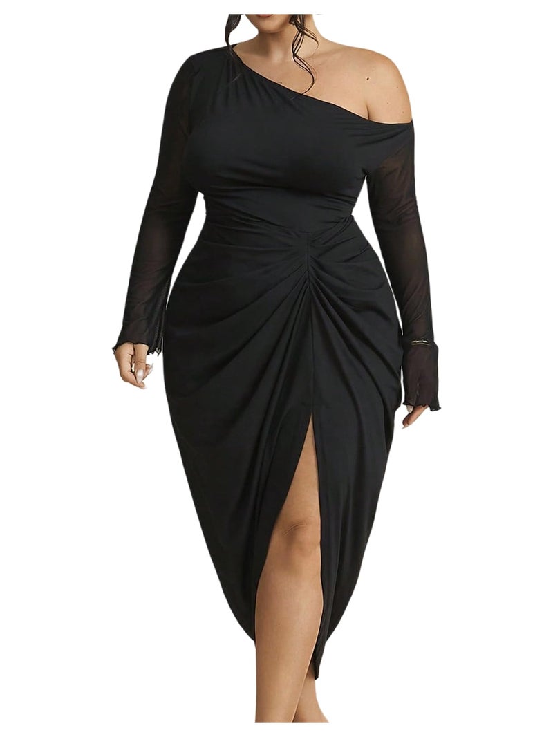 WDIRARA Women's Plus Size Off Shoulder Bodycon Dress Mesh Long Sleeve Ruched Split Midi Dresses Black 3X-Large Plus - Image 1