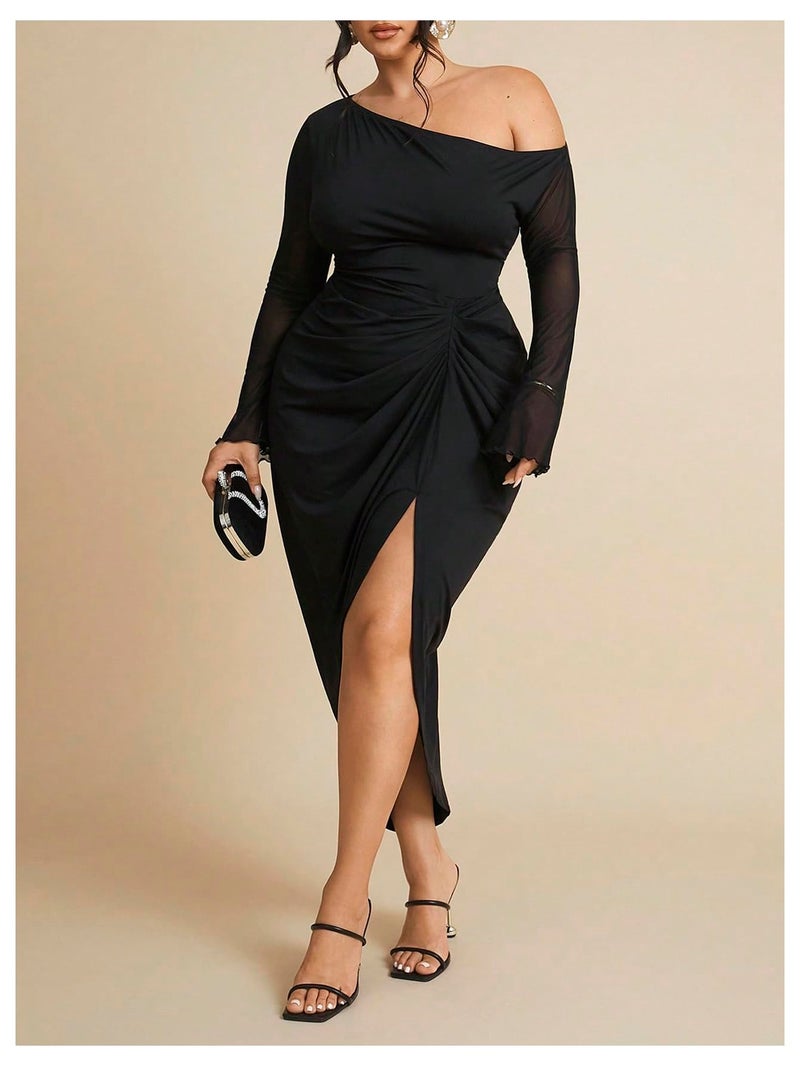 WDIRARA Women's Plus Size Off Shoulder Bodycon Dress Mesh Long Sleeve Ruched Split Midi Dresses Black 3X-Large Plus - Image 5