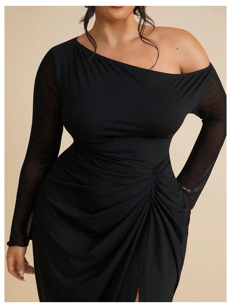 WDIRARA Women's Plus Size Off Shoulder Bodycon Dress Mesh Long Sleeve Ruched Split Midi Dresses Black 3X-Large Plus - Image 4