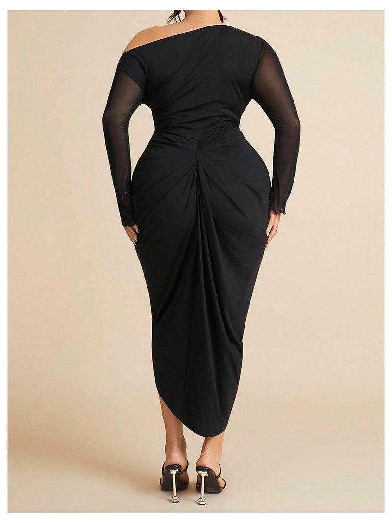 WDIRARA Women's Plus Size Off Shoulder Bodycon Dress Mesh Long Sleeve Ruched Split Midi Dresses Black 3X-Large Plus - Image 2