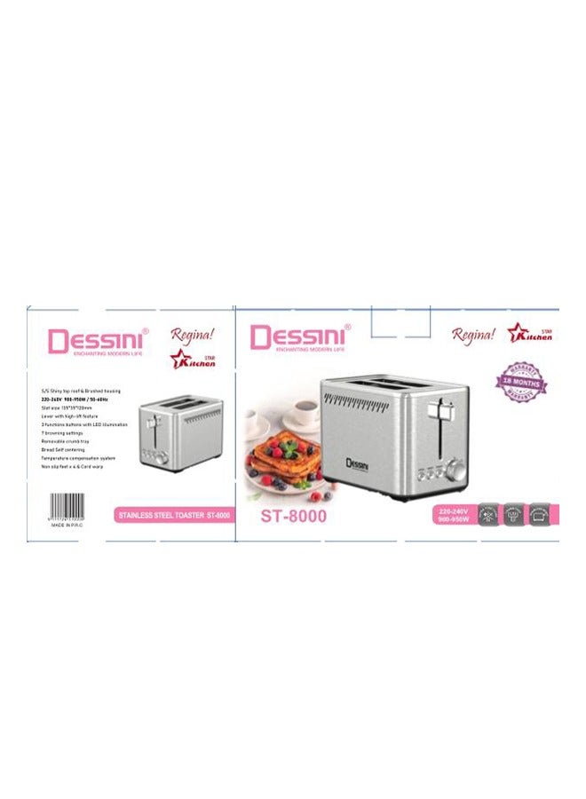 Dessini Toaster, 2-Slice, 900W, Stainless Steel, Dual-Side Heating, 7 Browning Levels, Defrost, Reheat & Cancel Functions, Removable Crumb Tray ST8000  Silver 900 W ST8000 silver - Image 2