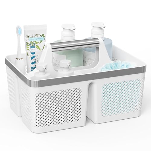 BYUNER Plastic Shower Caddy Dorm Portable Bathroom Caddy Organizer with Handle and Holes Cleaning Basket Hard Shower Basket Storage Tote for Toiletry College Dorm Room Essentials WhiteSilver - Image 1