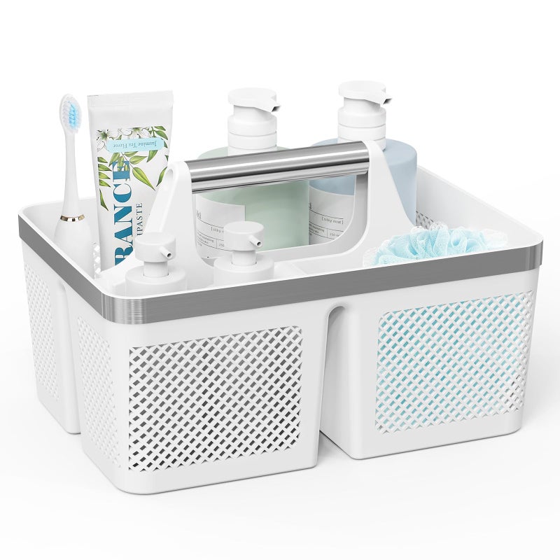 BYUNER Plastic Shower Caddy Dorm Portable Bathroom Caddy Organizer with Handle and Holes Cleaning Basket Hard Shower Basket Storage Tote for Toiletry College Dorm Room Essentials WhiteSilver - Image 2
