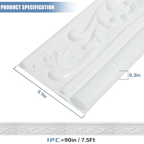 WADILE 90"x 3.1" Crown Molding Peel and Stick, Flexible Wallpaper Border Wall Trim Border, Self Adhesive Mirror Moulding Frame Lines, 3D Edging Foam Ceiling Baseboard, White - Image 2
