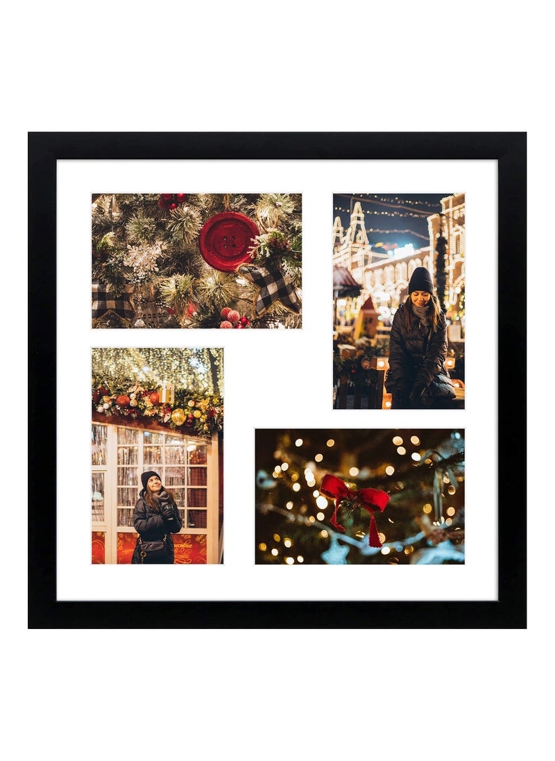 Golden State Art Golden State Art 12x12 Black Wood Frame with White Mat  Displays Four 4x6 Photos  Square Collage Frame  Real Glass Sawtooth Hanger Flexible Metal Tabs  Wall Mounting Landscape Portrait 