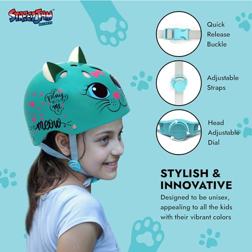 STREETJAM Kids Cycle Helmet Kitty Cat Open Face, Hard PP Outer Shell, EPS Inner Comfort Liner case, Adjustable Strap with Adjuster Dial, Skating, Sports (5-8 Years, Burn Green) - Image 3