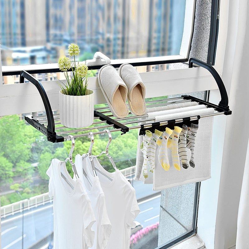 Candumy Portable Clothes Drying Rack for Balcony Railings Windowsill, Folding Towel Rack Indoor Outdoor Retractable Laundry Rack with Sock Clips for Drying Socks - Image 3