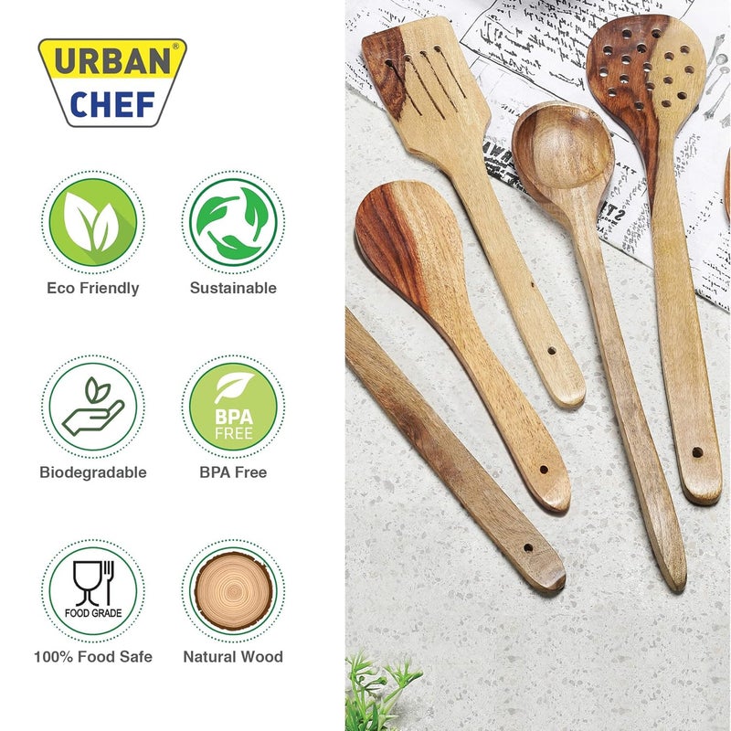 Urban Chef Wooden NonStick Spatula Set for Kitchen Cooking and Serving Tools Cooking Spoon Kitchen Tools Brown Set of 6 - Image 2
