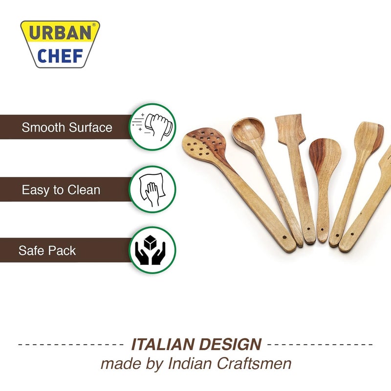 Urban Chef Wooden NonStick Spatula Set for Kitchen Cooking and Serving Tools Cooking Spoon Kitchen Tools Brown Set of 6 - Image 4