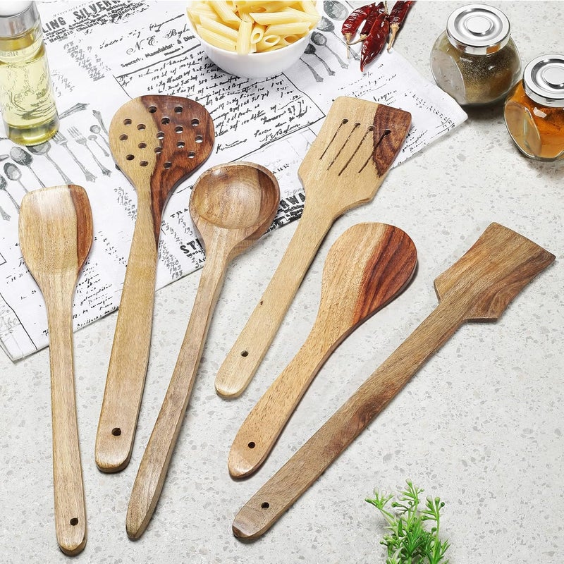 Urban Chef Wooden NonStick Spatula Set for Kitchen Cooking and Serving Tools Cooking Spoon Kitchen Tools Brown Set of 6 - Image 1