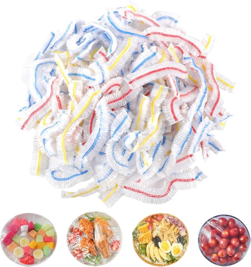 ١٠٠ كيس لحفظ الطعام طازجًا، أغطية طعام بلاستيكية للاستخدام مرة واحدة، أغطية طعام مرنة، أكياس بلاستيكية لاصقة للفواكه والخضراوات، أزرق، أحمر