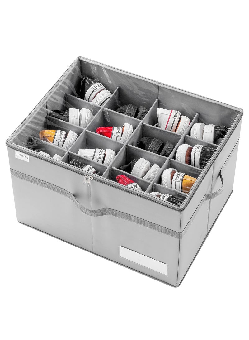 LUVHOMEE LUVHOMEE Shoe Organizer for Closet, Fits 16 Pairs, Large Shoe Box Storage Containers, Clear Foldable Shoe Storage Bins w/Bottom Support, Space Saving Shoes Holder w/Reinforced Handles, Gray 