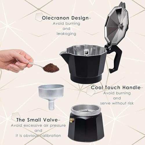 3D CREATIONS Alluminium Italian Style Stovetop Coffee Maker Moka Pot espresso Coffee percolator 6 cups of Coffee (Black, 300 ml) - Image 5