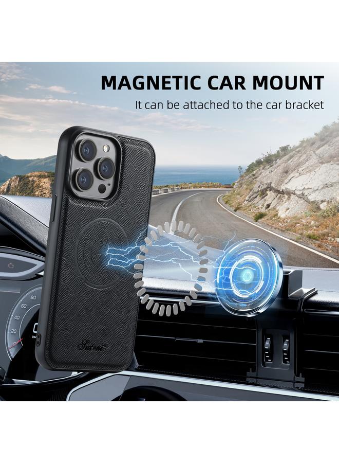 Suteni Case For iPhone 16 Pro Max H18 Cross Grain MagSafe Wallet Leather Phone Case - Image 5
