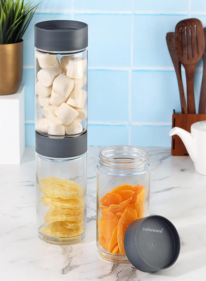 Cello جرة تخزين زجاجية من سيليو مودستاك | جرة زجاجية مع غطاء | غطاء فولاذي محكم الهواء وقابلة للتكديس | لتخزين الطعام، والبقوليات، والتوابل، والحبوب، والبسكويت، والمواد الغذائية الجافة | مجموعة من 3 | 1000 مل، رمادي - Image 1