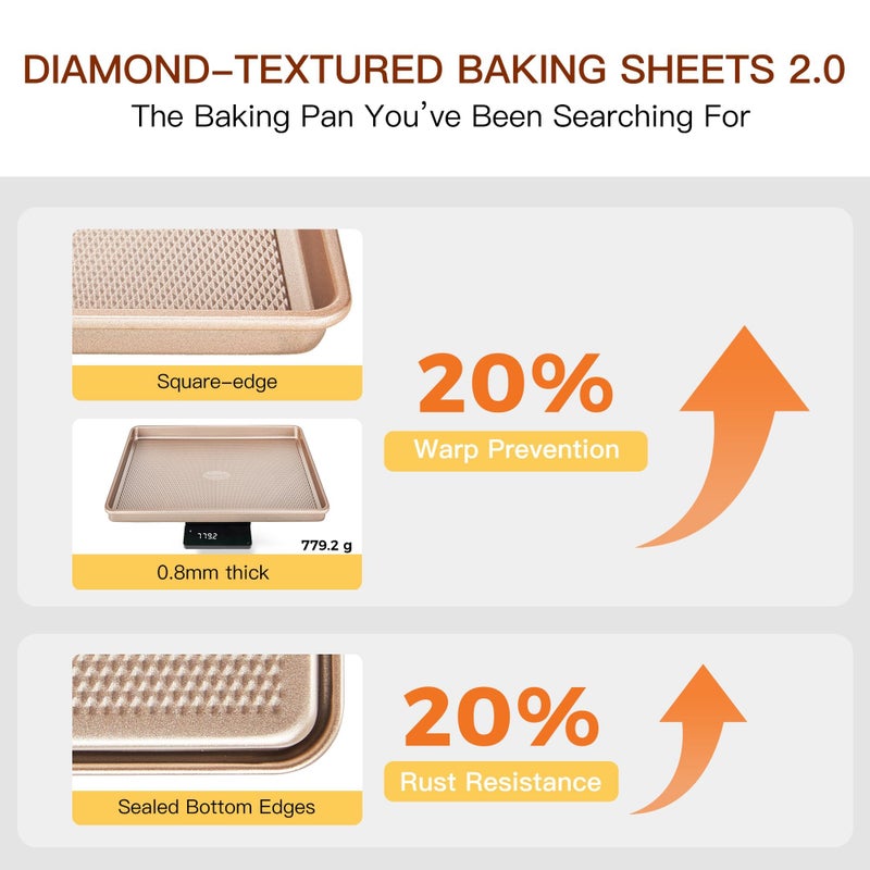 HONGBAKE 3 Pack Gold Nonstick Baking Sheet Pan Set with Oven Mitts Heat Resistant, Non-Toxic Half/Quarter/Jelly Roll Pans with Diamond Texture Pattern, Heavy Duty 0.8mm Thick Cookie Trays for Cooking - Image 3