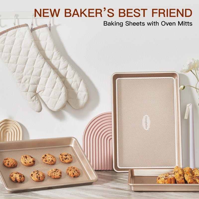 HONGBAKE 3 Pack Gold Nonstick Baking Sheet Pan Set with Oven Mitts Heat Resistant, Non-Toxic Half/Quarter/Jelly Roll Pans with Diamond Texture Pattern, Heavy Duty 0.8mm Thick Cookie Trays for Cooking - Image 5