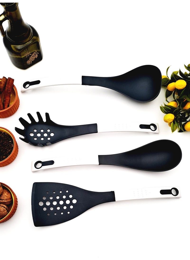 PUNTO - Teflon Fireproof Service Ladle Spoon Set 4 Piece White Black Color Non-Scratch Dowry Set - Image 1