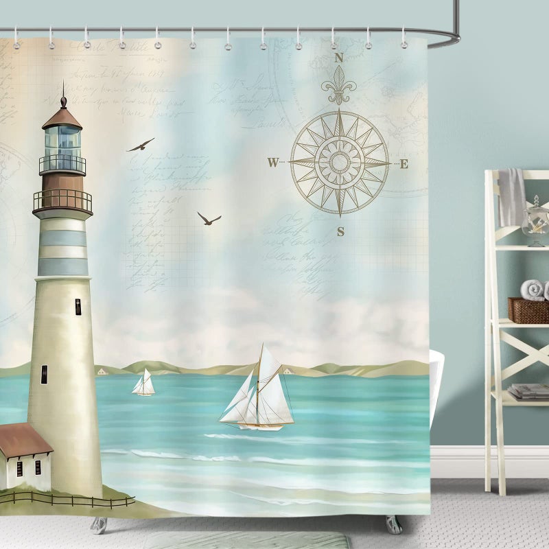 Bonhause Lighthouse Shower Curtain Nautical Coastal Sailboat Compass Bathroom Decor 72 x 72 Inch Polyester Fabric Waterproof Bath Curtain with 12 Hooks