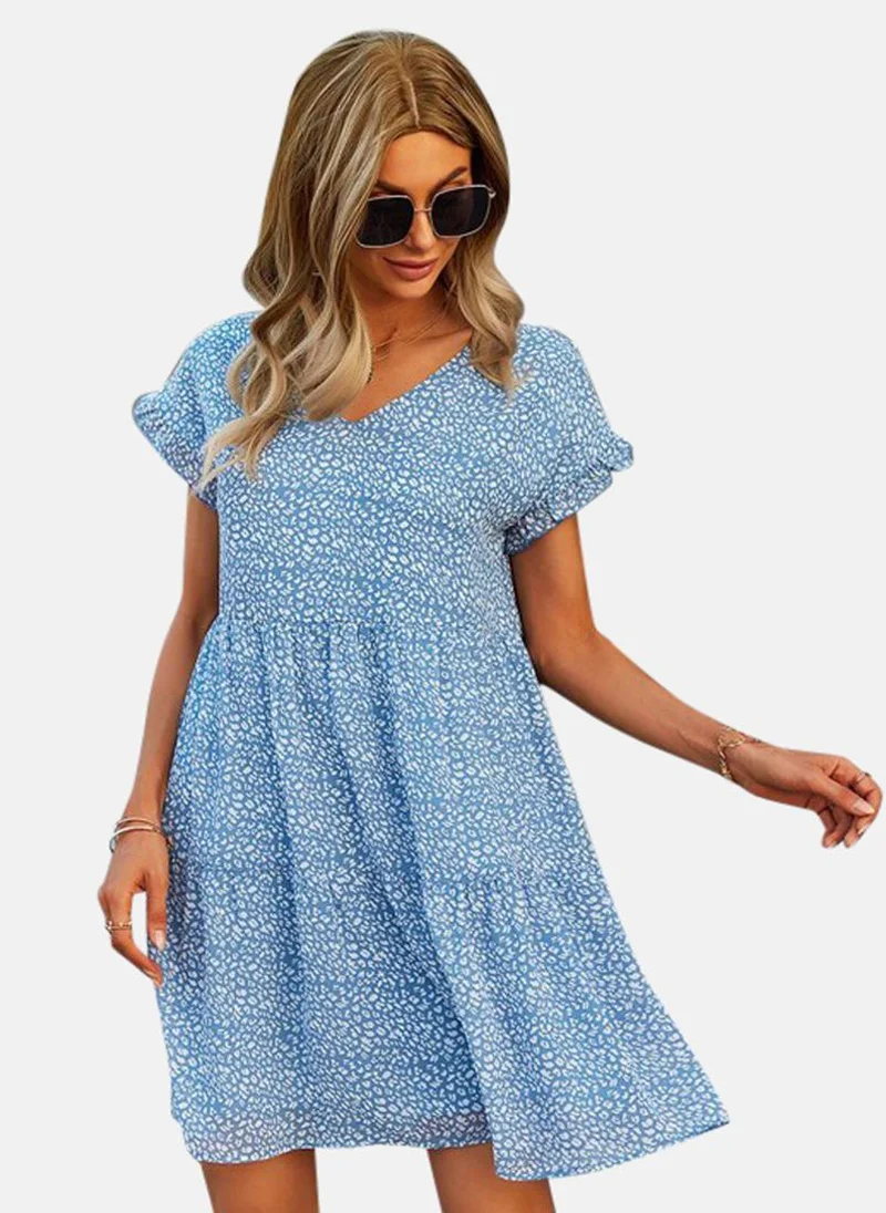 YUNIQEE Blue Printed Fit and Flare Above Knee Dress