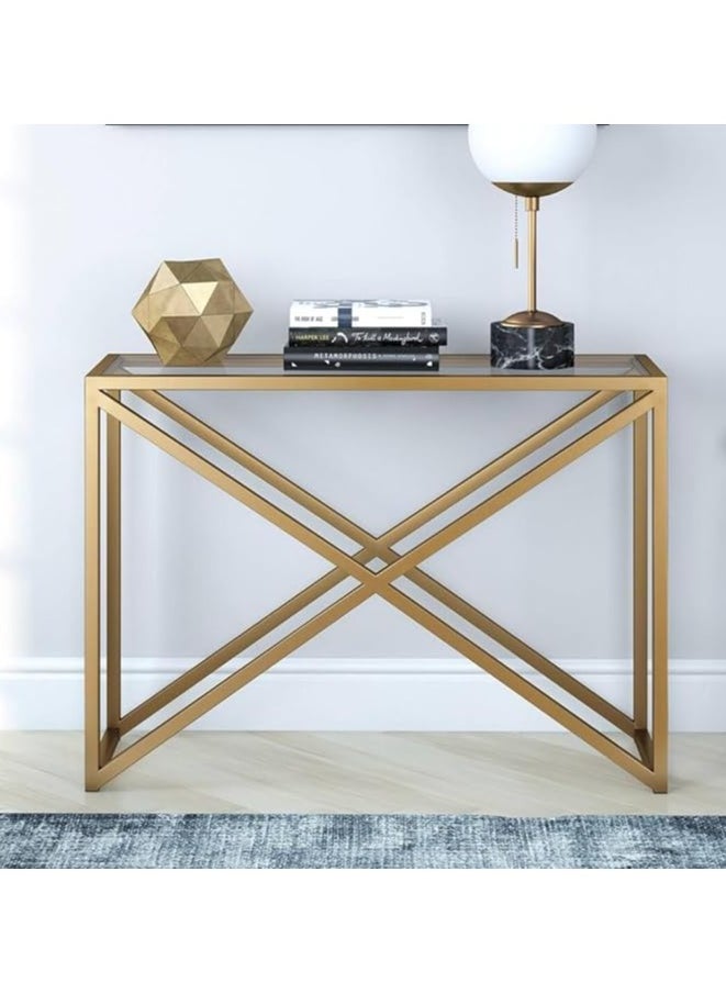 YINZUO - Top Clear Glass Console Table with Metal Frame, Black or Gold Finish, 180cm Length, 40cm Width, 80cm Height – Clear Tempered Glass Top for Living Room, Entryway, Hallway, or Office Décor - Image 1