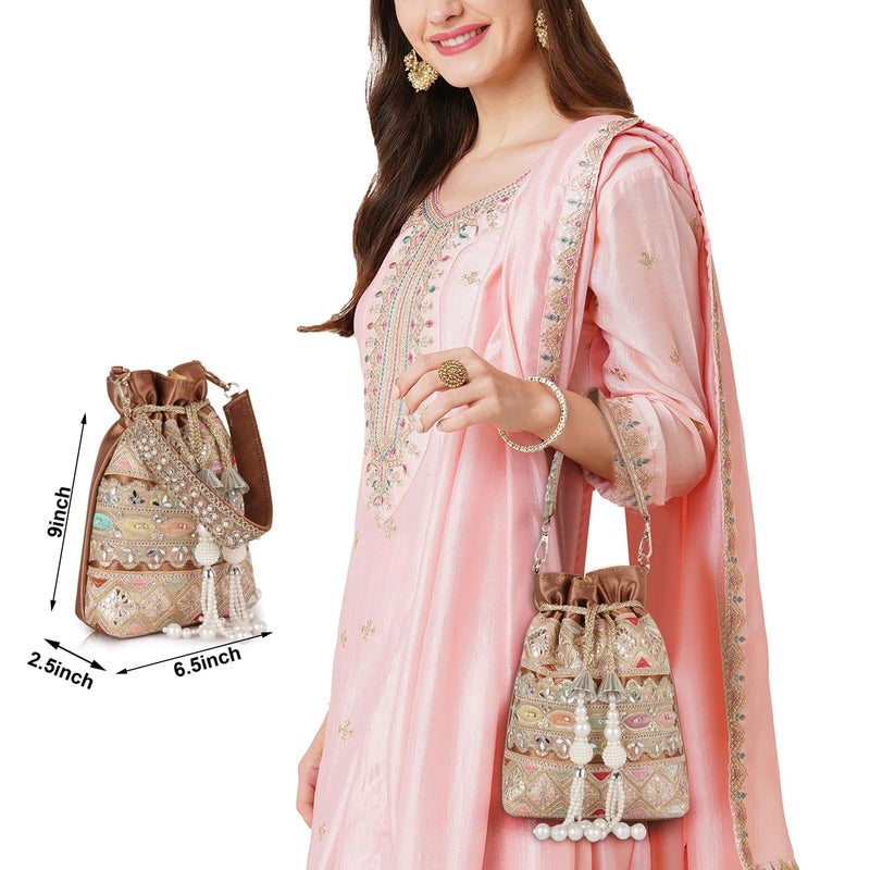 PLANX Velvet SilK Stylish Fancy Embroidery Unique Design Traditional Ethnic Wedding Party Handheld Potli For Women - Image 2