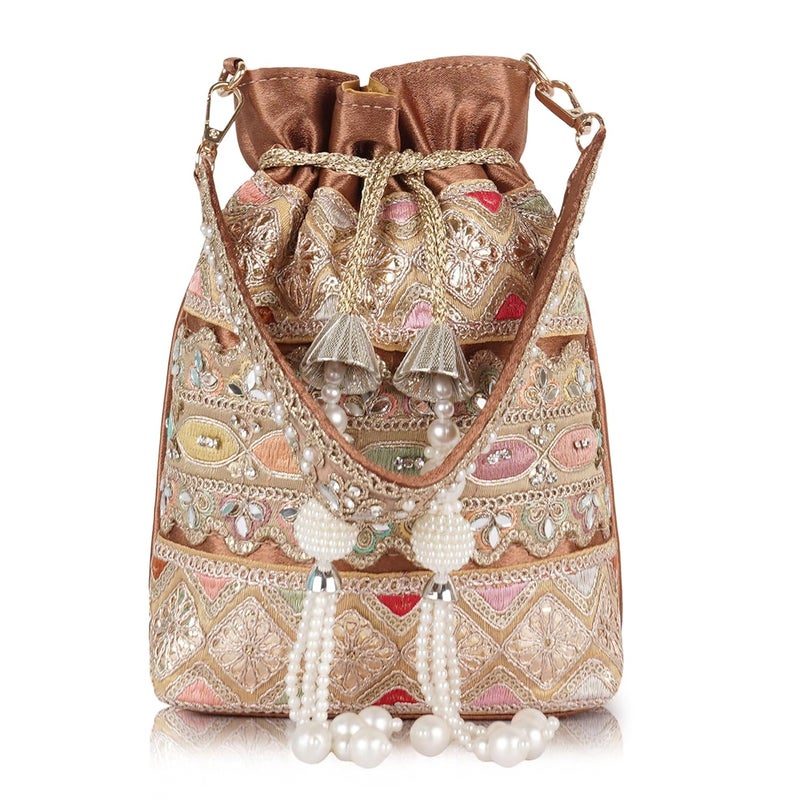 PLANX Velvet SilK Stylish Fancy Embroidery Unique Design Traditional Ethnic Wedding Party Handheld Potli For Women - Image 1