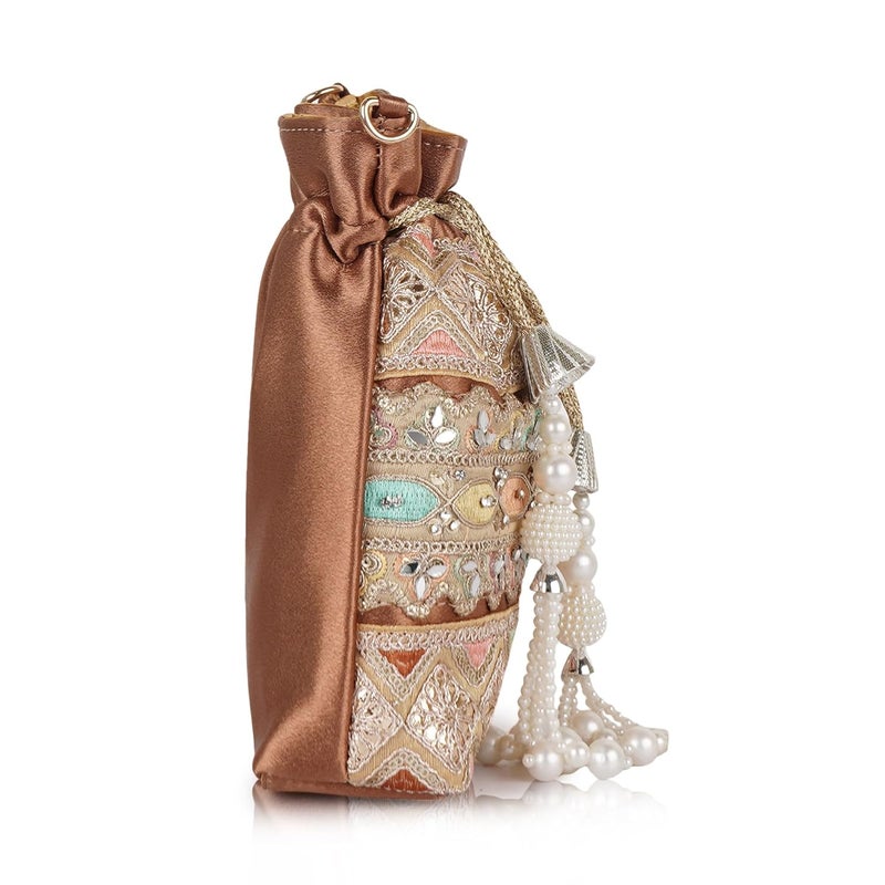 PLANX Velvet SilK Stylish Fancy Embroidery Unique Design Traditional Ethnic Wedding Party Handheld Potli For Women - Image 3