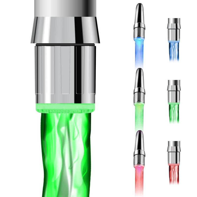DLAND RCF03 2Pack Color Changing LED Faucet Temperature Indicator 3Color Water Flow Light Adapter for Kitchen Bathroom Safety Fits Most Taps