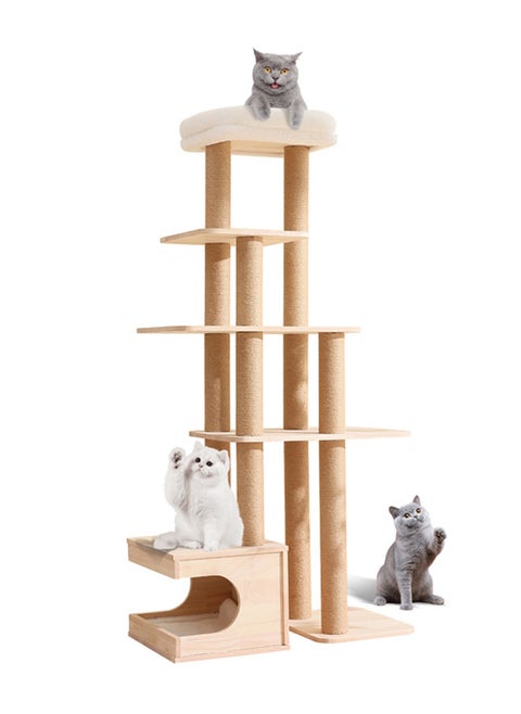 Wood Cat Tree,Natural Sisal Rope Scratching Post with Cave and Mat Playhouse Furniture (5 layers)