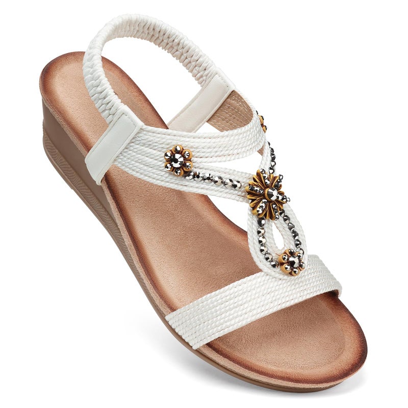SHIBEVER White Wedge Sandals Size 7 Women Comfortable Rhinestone Ladies Sandals Dressy Arch Support Low Heel Flower Shoes Summer