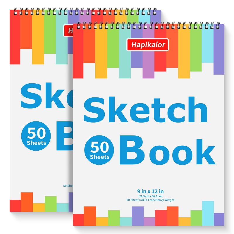 Hapikalor 9" x 12" Sketch Book, 2-Pack 50 Sheets Spiral Bound Art Sketchbook, Acid Free Artist Drawing Book Paper, Art Supplies for Adults Kids, Craft Activities, Sketch Paper for Drawing Coloring Sketching - Image 1