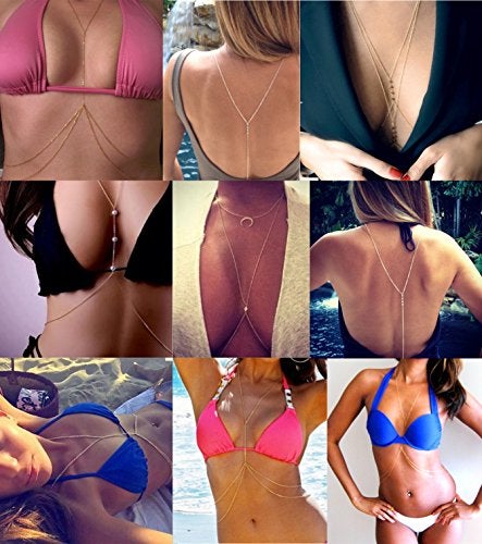 Tornito 8Pcs Sexy Body Chain Belly Waist Chain Necklace Summer Beach Bikini Bra Body Jewelry for Women Gold Tone - Image 2