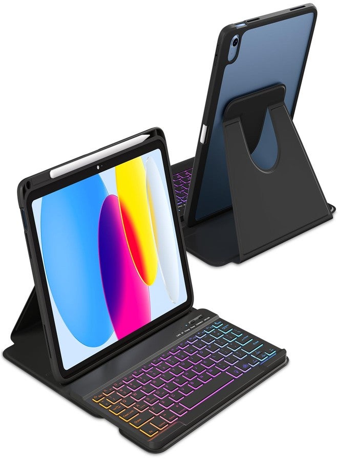 MMK for iPad 11th 10th Generation with Keyboard,iPad A16 Case with Keyboard, 7 Colors Backlit Wireless Removable, 360 Degree Rotating ipad A16 Case with Pencil Stand -Black - Image 1