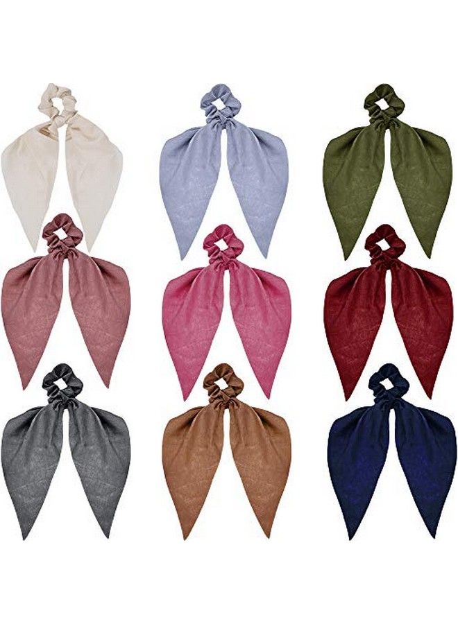 DINPREY 9 Pcs Silk Hair Scarf Bow Scrunes With Hair Ties Scarf Solid Hair Scarf With Bow Silk Elastic Hair Bands Ribbon Scrune With Tails Ponytail Ribbons For Women  - Image 1