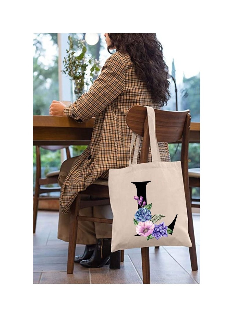 برينت شوب فور مي حقيبة يد قطنية قماشية صديقة للبيئة بتصميم أزهار على حقائب وصيفات العروس مطبوعة بأحرف أولية للنساء - حقيبة تسوق قابلة لإعادة الاستخدام ، فكرة هدية للحفلات وحقيبة هدايا قطنية - Image 3